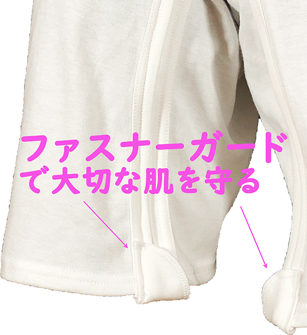 介護用品　日本製　ファスナーロンパースの股部分ファスナーガードの写真です。