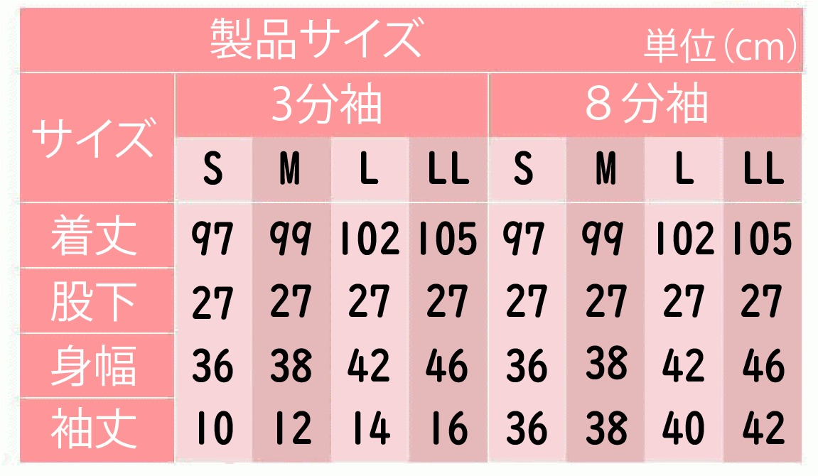 介護用品　日本製　婦人つなぎ大人用ファスナーロンパース介護肌着三分袖と八分袖サイズの写真です。