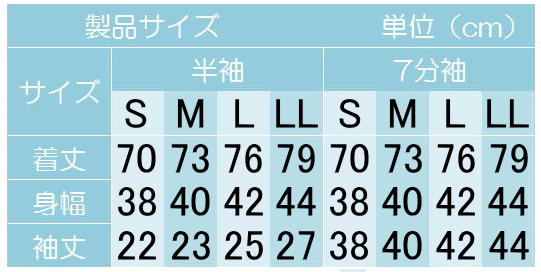 介護用品　日本製　紳士ボタン介護肌着半袖と七分袖サイズの写真です。